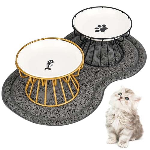 bssmmai 2 Stück Katzennapfe Flach Keramik Erhöht mit Metallständer und Antirutschmatte, Futternapf Napferhöhung Katzenteller Erhöht, Cat Food Bowl Stand (Fishbone Pattern + Cat Paw Pattern) von bssmmai