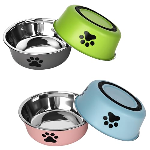 bssmmai 4 Stück Hundenapf Edelstahl, Hundeschüssel mit rutschfest Silikonboden, Fressnapf Hund für Kleine Mittlere Große Hunde, Hundenapf Metall 900ML für Futter und Wasser (Grün, Grau, Blau, Rosa) von bssmmai