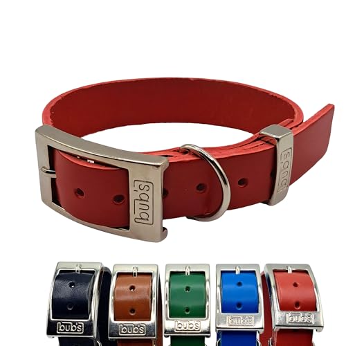 BUB'S Hundehalsband aus Rindsleder, Ursprung Europa, geölt und weich, weich und widerstandsfähig, pflanzliche Gerbung (rot, Größe M, verstellbar von 31 bis 43 cm Breite 25 mm) von bub's