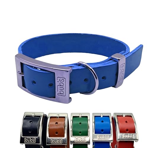 BUB's Hundehalsband aus Rindsleder, Herkunft Europa, weich und widerstandsfähig, pflanzliche Gerbung (Blau, Größe M, verstellbar von 31 bis 43 cm Breite 25 mm) von bub's