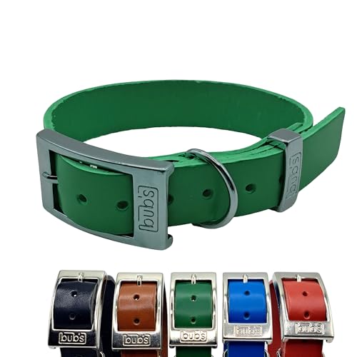 BUB's Hundehalsband aus Rindsleder, Herkunft Europa, weich und widerstandsfähig, pflanzliche Gerbung (Grün, Größe M, verstellbar von 31 bis 43 cm Breite 25 mm) von bub's