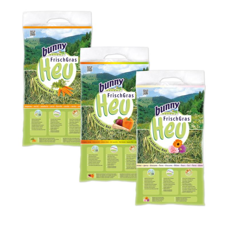 Bunny FrischGras Heu Set Karotte, Vital, Blüten - Sparpaket: 9 x 500 g von bunnyNature