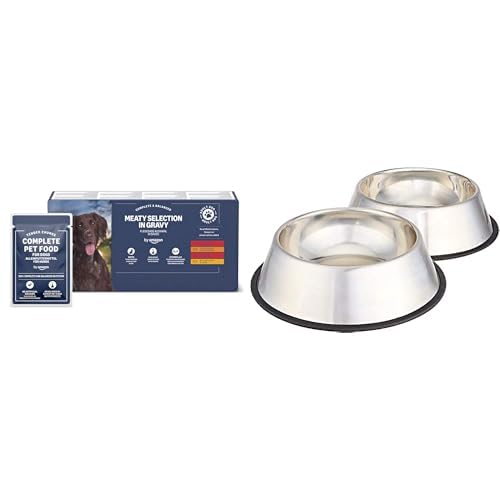 von Amazon Adult Hundefutter Fleischauswahl (48x100g) mit Amazon Basics Edelstahl-Hundenäpfe-Set (2er-Pack, Silber) von by Amazon