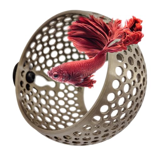 byMazy Betta Höhle Lounge | Aquarium Deko Versteck & Hängematte, Durchschwimm-Tunnel für Betta, kleine Fische, Garnelen – Aquariendeko mit Pflanzenhalter (Bronze, Groß) von byMazy