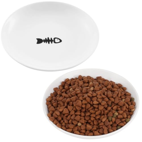 byepica 2 Stück Katzennäpfe Keramik Flach Teller Müdigkeit Linderung 15.2 cm Katzennapf mit Fischgräten-Design Nass- & Trockenfutterschalen für Katzen Kätzchen Welpen von byepica