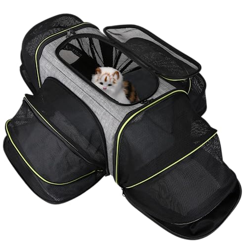 Katzen-Reisetasche, 4 Seiten, erweiterbare Haustier-Tragetasche, von Fluggesellschaften zugelassen, faltbar, weiche Seiten, Welpen und Kleintiere, mit faltbarem Napf und abnehmbarem Fleece-Pad von bytaoqipet