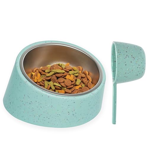 Bzyoo Neigbarer Hundenapf mit 2 Tassen, mit Messschaufel für kleine Hunde und Katzen, stilvolles Streu-Design, erhöht, Edelstahl, 473 ml, rutschfest, hilft beim Verschütten von Kinderbetten, Farbe von bzyoo