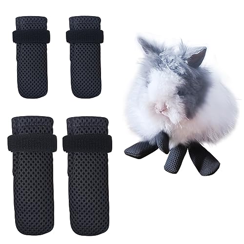 Kaninchen-Fäustlinge zum Schutz vor Kratzern, verstellbare Netz-Klauenschutz, zum Baden und Rasieren (Schwarz, Vorderfuß: 9,9 x 3,5 cm, Hinterfuß: 14 x 5 cm) von caichuxiye