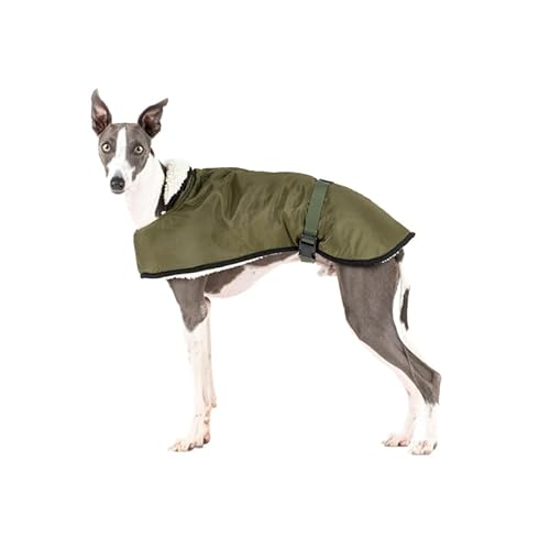 Wasserdichter Mantel für Whippets: Stil, Schutz vor Kälte und Regen - Lammfutter, Wärmedämmung, Loch für Geschirr, ideal für Whippet und Italienischer Windhund - Khaki, L von candyPet