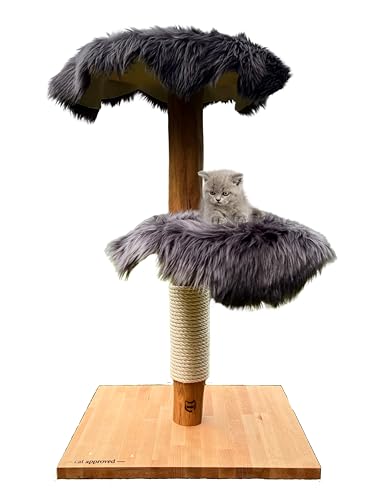 MAU Katzen Kratzbaum, 100 cm Natur Holz - Modell: Munchkin - nachhaltig, stabil & platzsparend (Kunstfell (dunkelgrau)) von cat approved