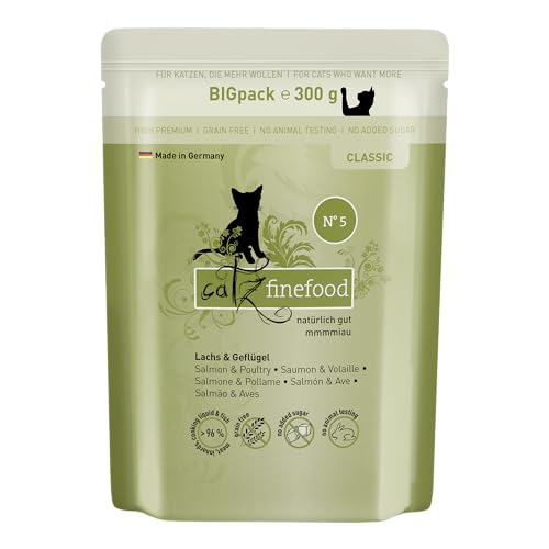 catz finefood Classic N° 5 Lachs & Geflügel Katzenfutter nass - Gourmet Nassfutter für Ihre Katze ohne Zucker & Getreide, glutenfrei - mit hohem Fleischanteil, Made in Germany (6 x 300g Beutel) von catz finefood