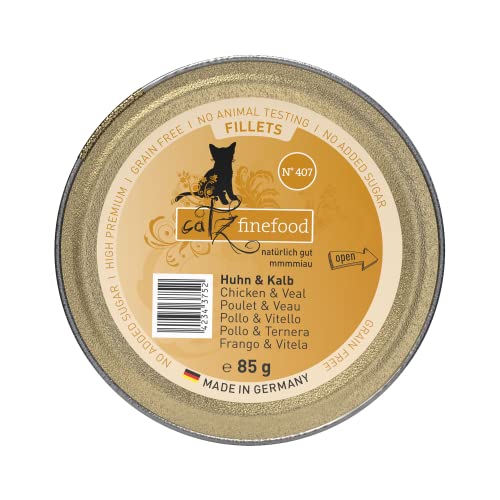 catz finefood Katzenfutter nass feine Filets No. 407 Huhn & Kalb in Jelly - getreidefreies Nassfutter für Ihre Katze ohne Zucker - Katzennassfutter vom Feinste in Gelee, 85 g (12 er Pack) von catz finefood