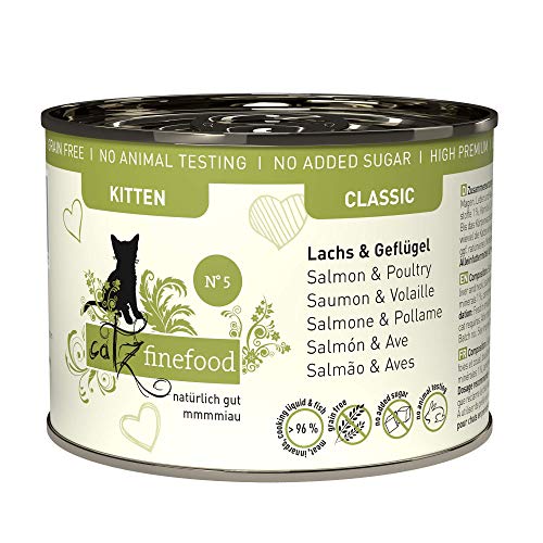 catz finefood Kitten N 5 Lachs und Geflügel Katzenfutter nass - Feinkost Kitten Nassfutter für junge Katzen ohne Getreide und Zucker mit hohem Fleischanteil, 6 x 200g Dosen von catz finefood