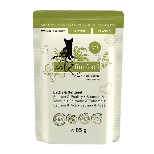 catz finefood Kitten No. 5 Lachs und Geflügel Katzenfutter nass - Feinkost Kitten Nassfutter für junge Katzen ohne Getreide und Zucker mit hohem Fleischanteil (16 x 85g Beutel) von catz finefood