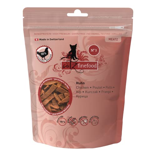 catz finefood Meatz Katzen Leckerlies Huhn N° 3 - knusprige Fleischstreifen, gegrilltes Hühnerfleisch mit Biotin für gänzendes Fell - Katzensnack ohne Zucker, getreidefrei, 45g von catz finefood