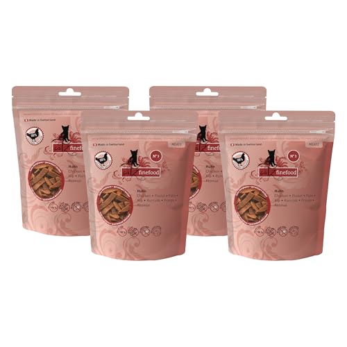 catz finefood Meatz Katzen Leckerlies Huhn No. 3 - knusprige Fleischstreifen, gegrilltes Hühnerfleisch mit Biotin für gänzendes Fell - Katzensnack ohne Zucker, getreidefrei (4 x 45g) von catz finefood