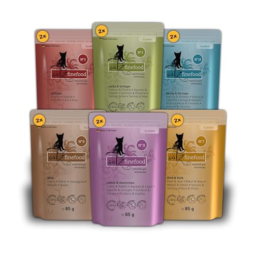 catz finefood Multipack 1, 12 x 85g Beutel, Feinkost Katzenfutter nass, Sorten Mix-Paket 1 mit Geflügel, Kalb, Hering, Wild, Lachs, Lamm, Kaninchen. (12 Stück) 1er Pack von catz finefood