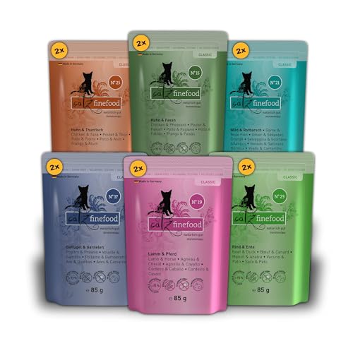 catz finefood Multipack 2, 12 x 85g Beutel, Feinkost Katzenfutter nass, Sorten Mix-Paket 2 mit Huhn, Thunfisch, Rind, Rotbarsch, Lamm, Garnelen, Wild catz finefood Multipack 2, 12 x 85g Beutel, Feinkost Katzenfutter nass, Sorten Mix-Paket 2 mit Huhn, Thunfisch, Rind, Rotbarsch, Lamm, Garnelen, Wild von catz finefood
