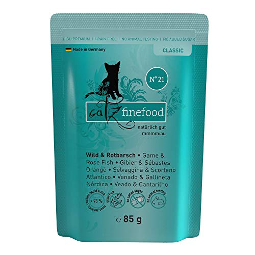 catz finefood N° 21 Wild & Rotbarsch Feinkost Katzenfutter nass, verfeinert mit Kartoffel & Heidelbeere, 16 x 85g Beutel von catz finefood