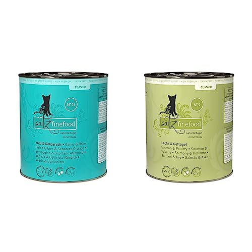 catz finefood N° 21 Wild & Rotbarsch Feinkost Katzenfutter nass & N° 5 Lachs & Geflügel Feinkost Katzenfutter nass, verfeinert mit Spinat & Tomate, 6 x 800g Dosen von catz finefood