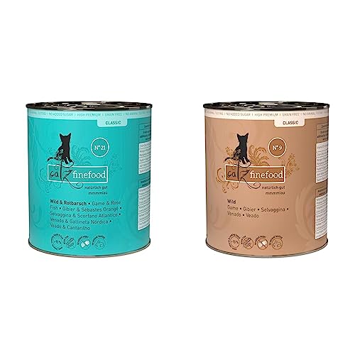 catz finefood N° 21 Wild & Rotbarsch Feinkost Katzenfutter nass & N° 9 Wild Feinkost Katzenfutter nass, verfeinert mit Kartoffel & Preiselbeere, 6 x 800g Dosen von catz finefood