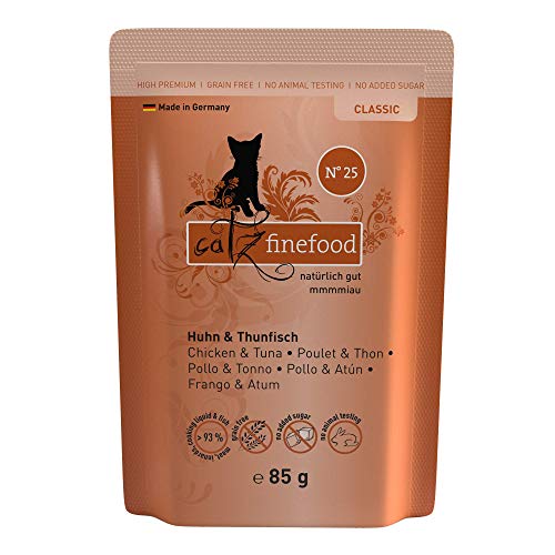 catz finefood N° 25 Huhn & Thunfisch Feinkost Katzenfutter nass, verfeinert mit Kürbis & Hagebutte, 16 x 85g Beutel von catz finefood