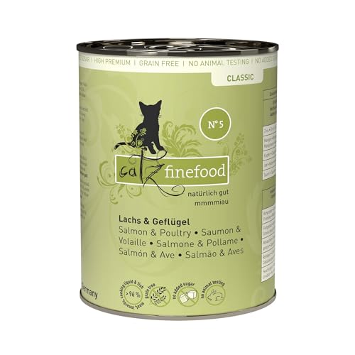 catz finefood N° 5 Lachs & Geflügel Feinkost Katzenfutter nass, verfeinert mit Spinat & Tomate, 6 x 400g Dosen von catz finefood