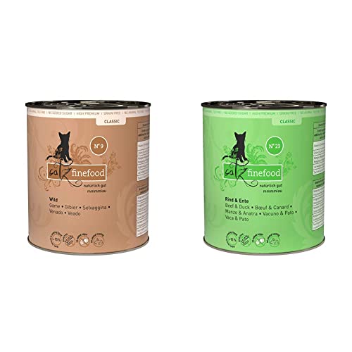 catz finefood N° 9 Wild Feinkost Katzenfutter nass, verfeinert mit Kartoffel & Preiselbeere, 6 x 800g & N° 23 Rind & Ente Feinkost Katzenfutter nass, verfeinert mit Cranberry & Aloe Vera, 6 x 800g von catz finefood