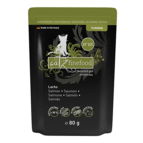 catz finefood Purrrr Lachs Monoprotein Katzenfutter nass N° 105, für ernährungssensible Katzen, 16 x 80 g von catz finefood