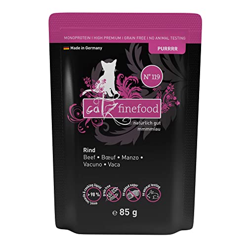 catz finefood Purrrr Rind Monoprotein Katzenfutter nass N° 119, für ernährungssensible Katzen, 70% Fleischanteil, 16 x 85g Beutel von catz finefood