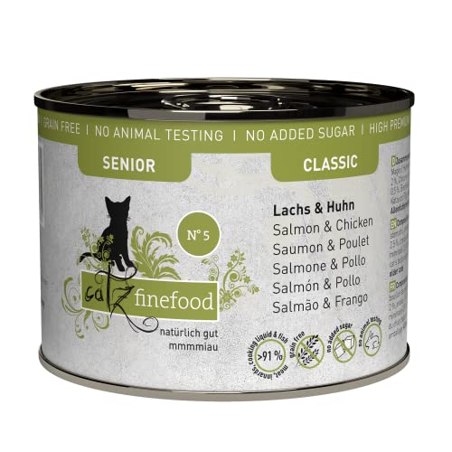 catz finefood Senior N°05 Lachs & Huhn Katzenfutter nass - Premium Nassfutter für Ihre Senior Katze - getreidefrei, ohne Zucker, hoher Fleischanteil, Vitamine & Mineralien (6 x 200g Dose) von catz finefood