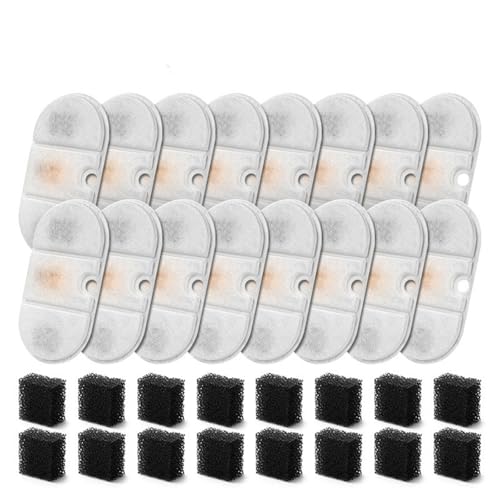 16 Set Katzenbrunnen Filter, mit 16Stück Filter Schwämmen, Ersatzfilter für Trinkbrunnen für Katzen, Filter mit Harz und Aktivkohle,Wasser Brunnen Ersatzfilter für 2.1L Katzenbrunnen (16 + 16) von champracer