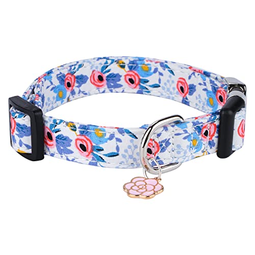 CHEDE Baumwoll-Hundehalsband für kleine, mittelgroße und große Hunde, Mädchen-Hundehalsband mit Schnellverschluss-Schnalle, Blumen, weich, verstellbar, Haustierhalsband (groß, blaue Rose) von chede