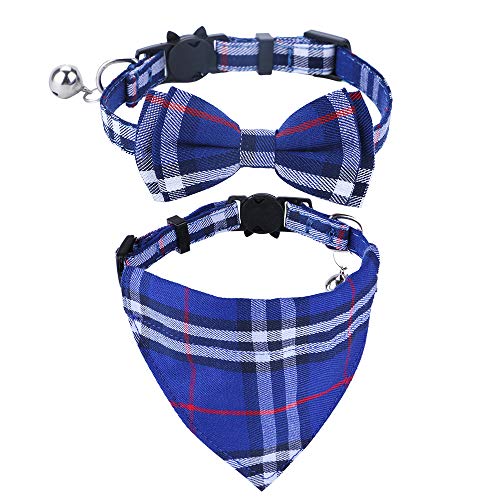 chede 2/1 Pack Katzenhalsband mit Glöckchen und Fliege, klassisches Design, verstellbare Sicherheits-Katzenhalsbänder (19,1 cm - 27,4 cm) (blaues Halsband + Bandana) von chede