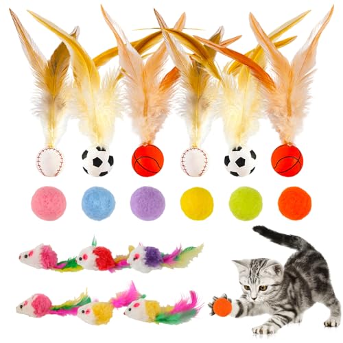 chenyu Katzenspielzeug Set 18 Stück Mit Gefiederten Hüpfenden Katzenspielzeug Ball Mäuse Helles Farbiges Geeignet für Katzen zum Spielen Drinnen Und Draußen von chenyu