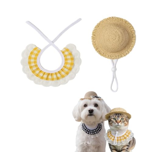 Halstuch, Halstuch, Halsband und Sommer-Strohhut, Haustierkostüm, verstellbares Halsband für Katzen, kleine Hunde, Welpenpflege-Zubehör, Gelb, 2 Stück von chichendianzi
