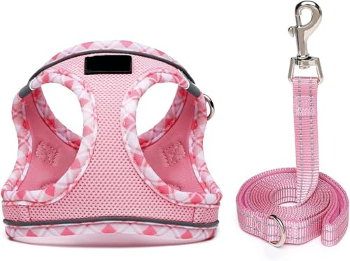 Hundegeschirr für kleine Hunde und Katzen, weiches Netzgewebe, reflektierend, leicht, atmungsaktiv, sichtbar im Dunkeln, mit Blumenmuster, Komfort für Gehen, Training (Rosa Gitter, XL) von chichendianzi