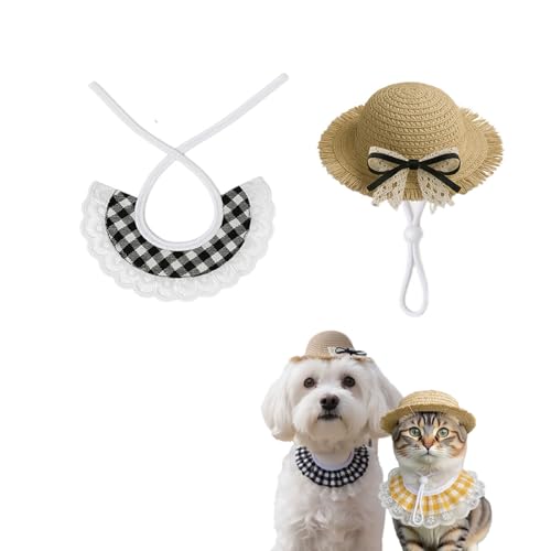 Halstuch, Halstuch, Halsband und Sommer-Strohhut, Haustierkostüm, verstellbares Halsband für Katzen, kleine Hunde, Welpenpflege-Zubehör, Schwarz, 2 Stück Halstuch, Halstuch, Halsband und Sommer-Strohhut, Haustierkostüm, verstellbares Halsband für Katzen, kleine Hunde, Welpenpflege-Zubehör, Schwarz, 2 Stück von chichenshangwu