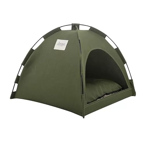 Haustierzelthaus, Armeegrün, Leinen, Camping-Stil, Katzenbett, Haustierunterstand für den Innenbereich mit Netzfenster (Grün, M: 40 x 40 cm) von chichenshangwu