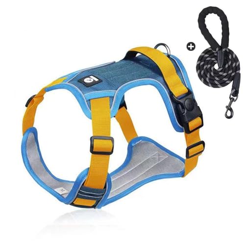 Hundegeschirr mit Griff, ausbruchsicher, rutschfest, atmungsaktiv, leicht, verstellbar, Liftgeschirr für kleine, mittelgroße und große Hunde, Nachtspaziergang (Blaugelb, XL) von chichenshangwu