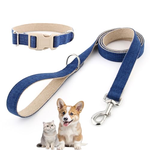 Hundehalsband und Leine aus Baumwollhanf, verstellbares Halsband für kleine, mittelgroße und große Hunde, strapazierfähig und weich auf der Haut, graues Karomuster (Dunkelblau, XL) von chichenshangwu