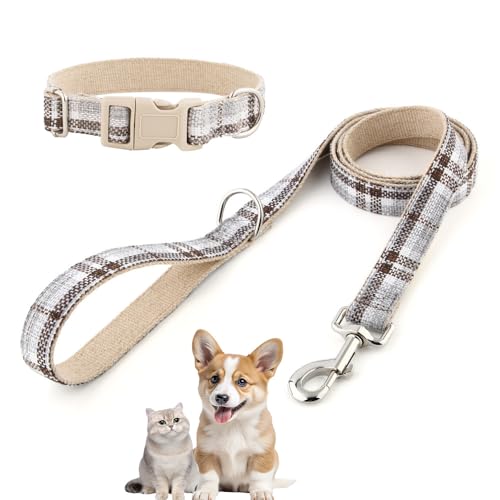Hundehalsband und Leine aus Baumwollhanf, verstellbares Halsband für kleine, mittelgroße und große Hunde, strapazierfähig und weich auf der Haut, graues Karomuster (graues Karo, L) von chichenshangwu