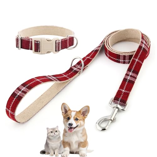 Hundehalsband und Leine aus Baumwollhanf, verstellbares Halsband für kleine, mittelgroße und große Hunde, strapazierfähig und weich auf der Haut, graues Karomuster (rotes Karo, XL) von chichenshangwu