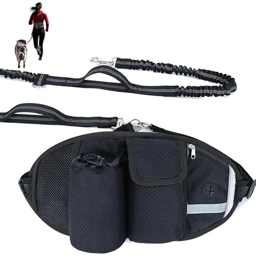 Hundeleine, freihändig, Verstellbarer Gürtel mit Aufbewahrungstasche, Bungee-Leine mit Zwei Griffen, reflektierend, 250 cm verlängerte Länge, unterstützt 100 kg (Black) von chichenshangwu