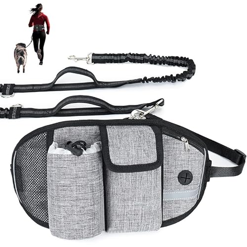 Hundeleine, freihändig, Verstellbarer Gürtel mit Aufbewahrungstasche, Bungee-Leine mit Zwei Griffen, reflektierend, 250 cm verlängerte Länge, unterstützt 100 kg (Grey) von chichenshangwu