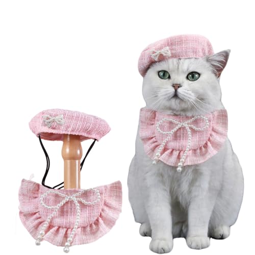 Katzen-Barettmütze mit kleiner Kamelie, verstellbare Satin-Fliege, Bandana, Schal, Set, Haustier-Prinzessinnen-Kostüm für Halloween, Weihnachten, Geburtstagsparty, Kleidung (rosa Perle) von chichenshangwu