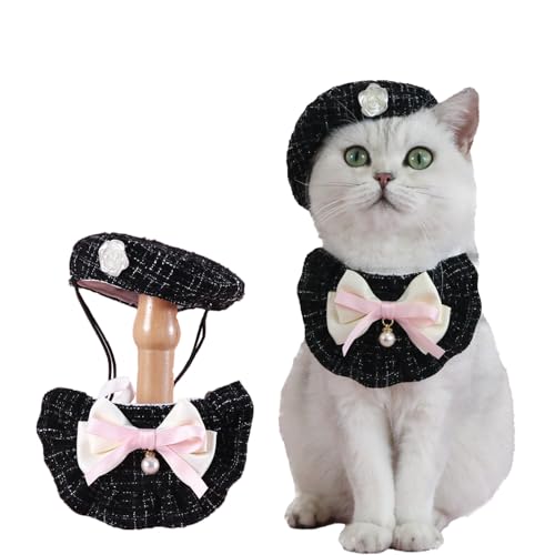 Katzen-Barettmütze mit kleiner Kamelie, verstellbare Satin-Fliege, Bandana, Schal, Set, Haustier-Prinzessinnen-Kostüm für Halloween, Weihnachten, Geburtstagsparty, Kleidung (schwarze Schleife) von chichenshangwu