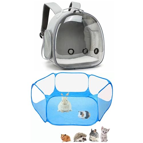 Meerschweinchen-Tragerucksack und Laufgitter-Set – Haustier-Laufstall, Pop-Op-Open-Outdoor-Übungszaun, tragbarer Kleintier-Rucksack für Bartagamen, Kaninchen, Hamster, Chinchillas (grau + blau) von chichenshangwu