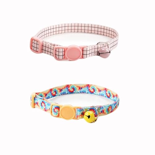 Starkes Nylon-Katzenhalsband mit bunt bedruckten Mustern, leichtes Kätzchenhalsband mit Schnellverschluss-Clip und Glöckchen, verstellbar 15–30 cm, 2 Stück (Bildfarbe 1, geeignet für Schals von 15–30 von chichenshangwu