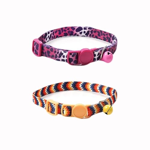 Starkes Nylon-Katzenhalsband mit bunt bedruckten Mustern, leichtes Kätzchenhalsband mit Schnellverschluss-Clip und Glöckchen, verstellbar 15–30 cm, 2 Stück (Bildfarbe 2, geeignet für Schals von 15–30 von chichenshangwu